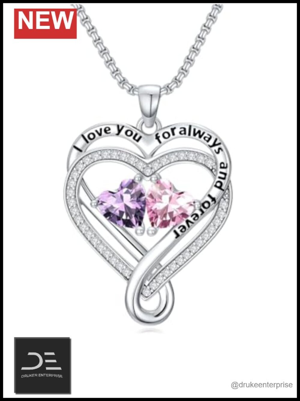 Double Heart Birthstone Necklace Pendant Women 18+2 Adjustable Gift